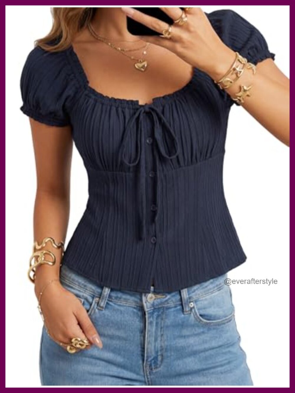 Women's Square Neck Tie Front Drawstring Blouse Ruffle Short Sleeve Button Down